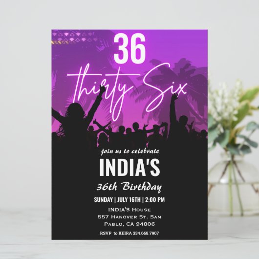 36e verjaardagsfeestje roze neon uitnodiging (Staand voorkant)