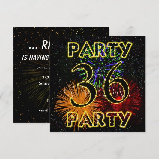 36ste verjaardag uitnodiging met vuurwerk (Voorkant / Achterkant)