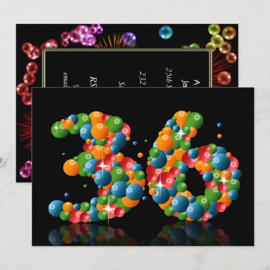 36ste verjaardagsfeest, met bubbels en ballen kaart (Voorkant / Achterkant)