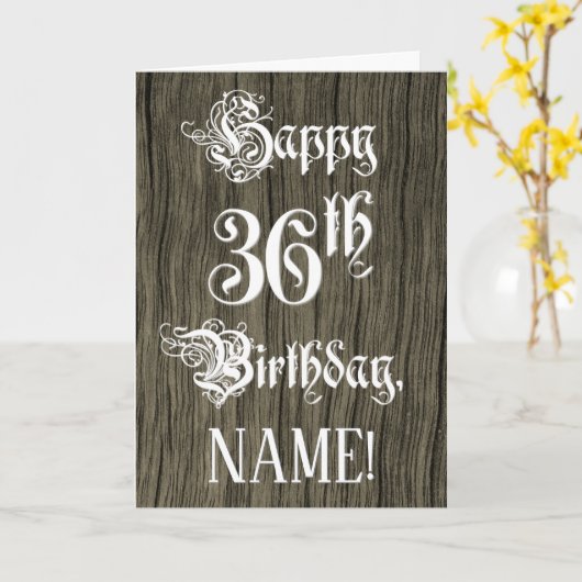 36th Birthday: Fancy, Elegant Text; Faux Wood Look Kaart (Gele Bloem)