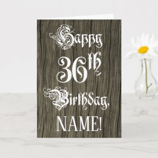 36th Birthday: Fancy, Elegant Text; Faux Wood Look Kaart (Kleine Plant)