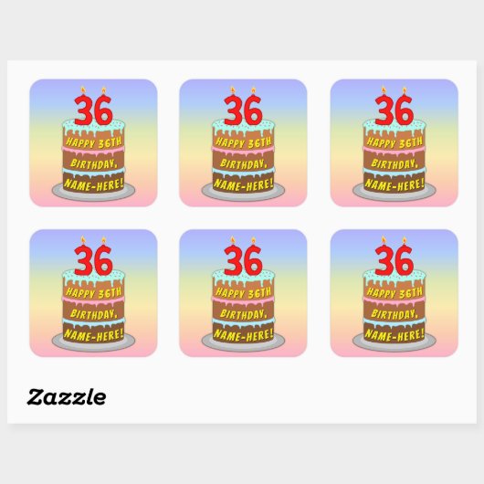 36th Birthday: Fun Cake and Candles + Custom Name Vierkante Sticker (Vel)