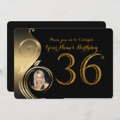 36th, Birthday Invitation, Number Glitter Gold,Fot Kaart (Voorkant / Achterkant)
