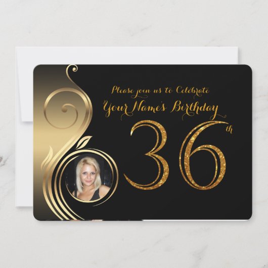 36th, Birthday Invitation, Number Glitter Gold,Fot Kaart (Voorkant)