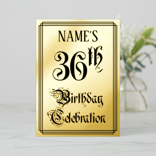 36th Birthday Party — Elegant Script + aangepaste  Folie Uitnodiging (Staand Voorkant)