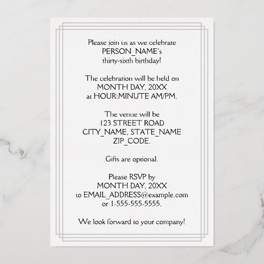 36th Birthday Party — Elegant Script + aangepaste  Folie Uitnodiging (Achterkant)