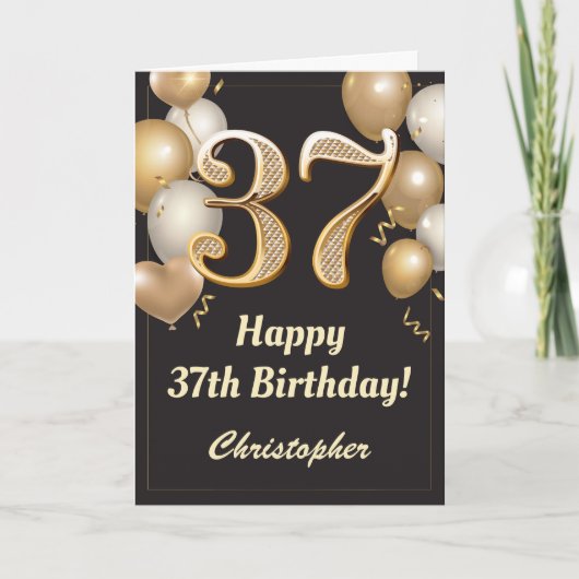 37e Birthday Black en Gold Balloons Confetti Kaart (Voorkant)