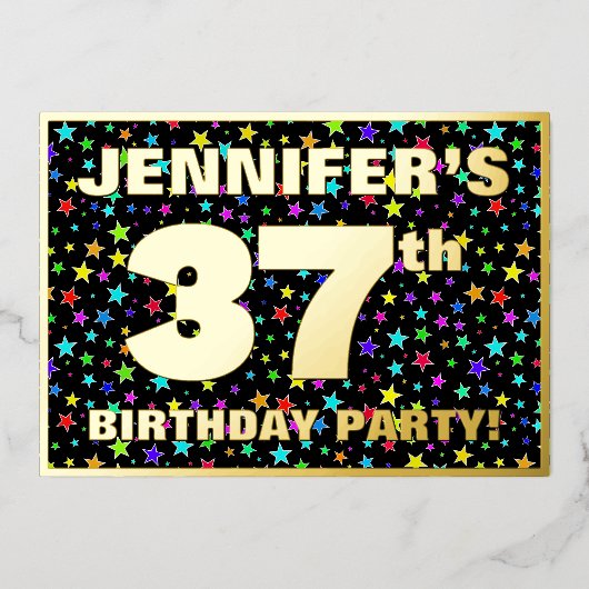 37e Birthday Party — Fun, Colorful Stars Pattern Folie Uitnodiging (Voorkant)
