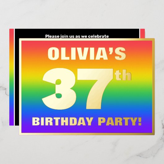 37e Birthday Party: Fun, kleurrijk regenboogpatroo Folie Uitnodiging (Voorkant / Achterkant)
