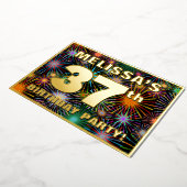 37e Birthday Party — Fun, kleurrijke Fireworks loo Folie Uitnodiging (Gedraaid)