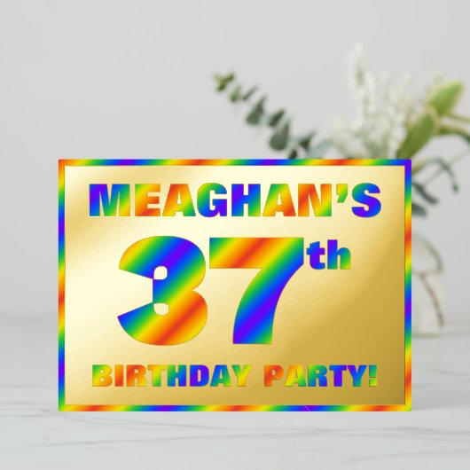 37e Birthday Party — Fun, regenboogspectrum "37" Folie Uitnodiging (Staand Voorkant)