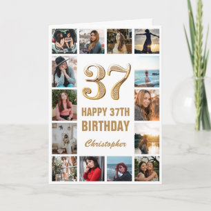 37e Happy Birthday Gold en White Photo Collage Kaart