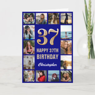 37e Happy Birthday Navy Blue & Gold Photo Collage Kaart