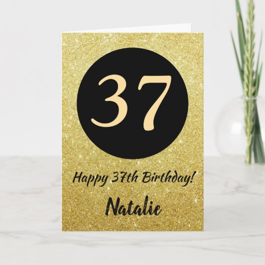 37e Happy Birthday Zwart en Goud Glitter Kaart (Voorkant)