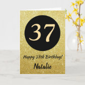 37e Happy Birthday Zwart en Goud Glitter Kaart (Gele Bloem)
