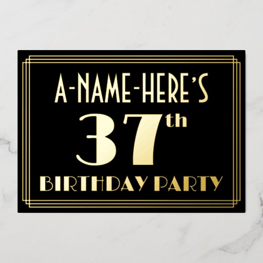 37e verjaardag: Art Deco Kijk "37", met naam Folie Uitnodiging (Voorkant)