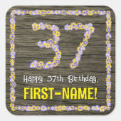 37e verjaardag: Bloemennummer, Faux Wood Look, Naa Vierkante Sticker (Voorkant)