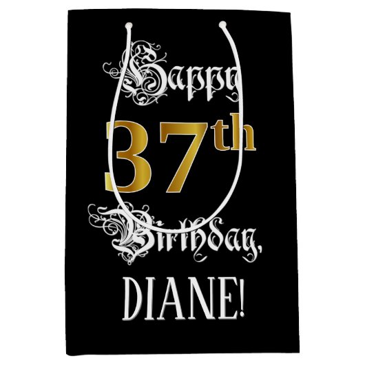 37e verjaardag ~ Fancy script; Faux Gold look; naa Medium Cadeauzakje (Voorkant)