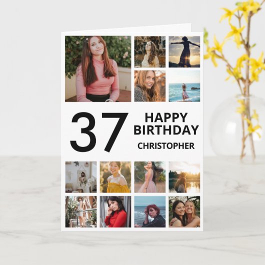 37e verjaardag Foto Collage 13 Foto's Black White Kaart (Gele Bloem)