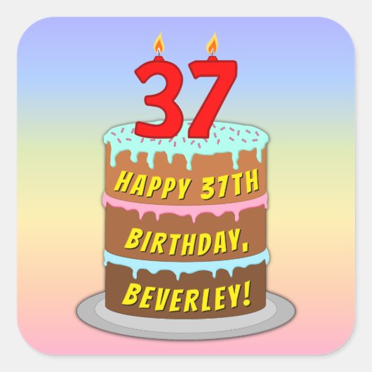 37e verjaardag: Fun Cake and Candles + Custom Name Vierkante Sticker (Voorkant)