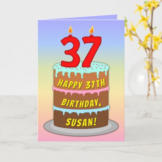37e verjaardag — Fun Cake & Candles, w/ Eigen naam Kaart (Gele Bloem)