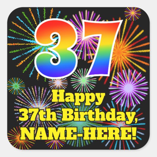 37e verjaardag: Fun Fireworks Kijk, regenboog # 37 Vierkante Sticker (Voorkant)
