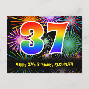 37e verjaardag - Fun Fireworks Pattern + Rainbow 3 Briefkaart