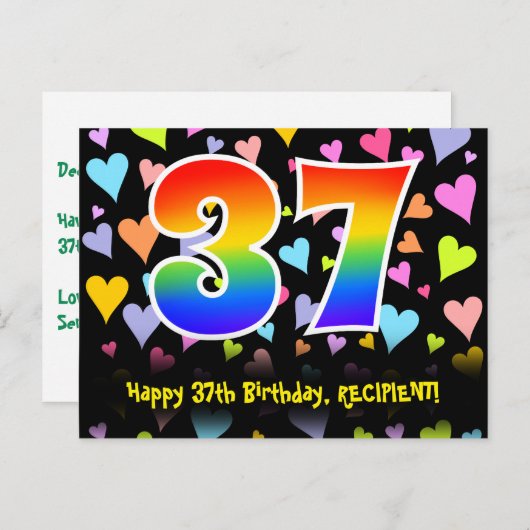 37e verjaardag: Fun Hearts-patroon, Regenboog 37 Briefkaart (Voorkant / Achterkant)