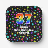37e verjaardag: Fun Stars Pattern and Rainbow "37" Papieren Bordje (Voorkant)