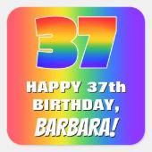 37e verjaardag: kleurrijk, vun regenboogpatroon #  vierkante sticker (Voorkant)