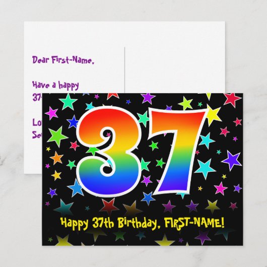 37e verjaardag: leuk sterrenpatroon, regenboog 37, briefkaart (Voorkant / Achterkant)