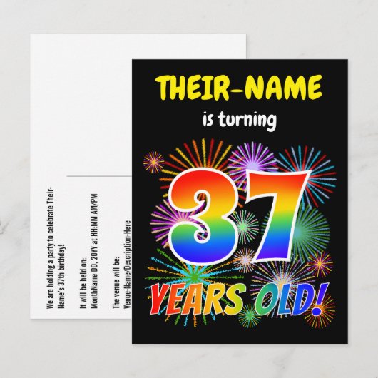 37e verjaardag - Leuk vuurwerk, Rainbow Look "37" Briefkaart (Voorkant / Achterkant)