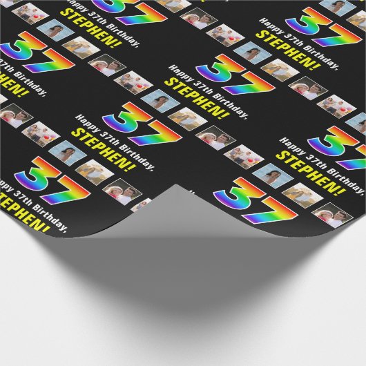 37e Verjaardag: Regenboog "37"; Aangepaste Foto's  Cadeaupapier (Hoek)