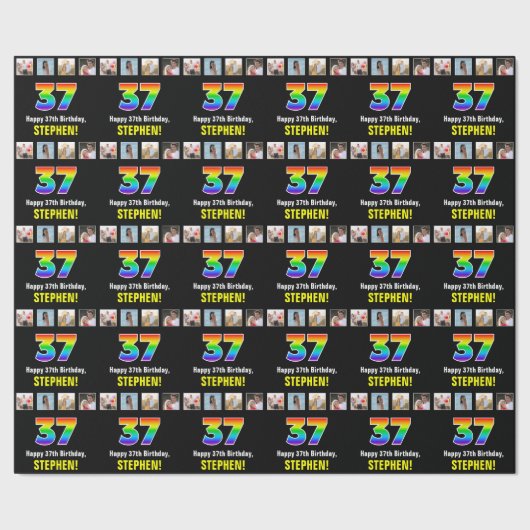 37e Verjaardag: Regenboog "37"; Aangepaste Foto's  Cadeaupapier (Zoom)