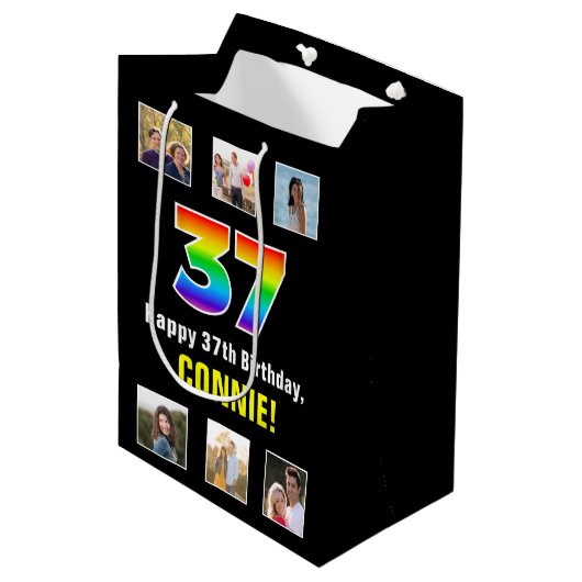 37e verjaardag: Regenboog "37", aangepaste foto's  Medium Cadeauzakje (Voorkant Gekanteld)