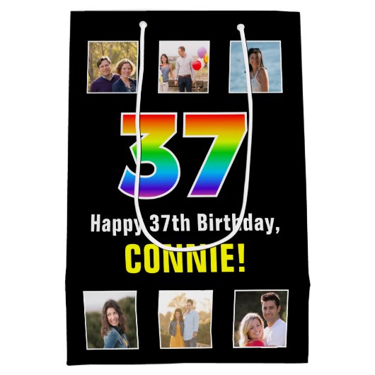 37e verjaardag: Regenboog "37", aangepaste foto's  Medium Cadeauzakje (Achterkant)