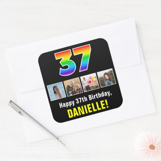 37e Verjaardag: Regenboog "37"; Aangepaste Foto's  Vierkante Sticker (Envelop)