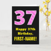37e verjaardag: roze strepen en harten "37" + naam kaart (Gele Bloem)
