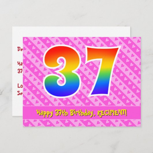 37e verjaardag: roze strepen & harten, regenboog 3 briefkaart (Voorkant / Achterkant)