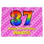 37e verjaardag: roze strips & harten, regenboognr. groot cadeauzakje (Voorkant)