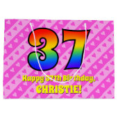 37e verjaardag: roze strips & harten, regenboognr. groot cadeauzakje (Achterkant)