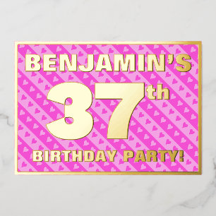 37e verjaardagsfeest — Leuke roze harten en strepe Folie Uitnodiging