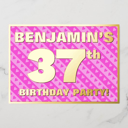 37e verjaardagsfeest — Leuke roze harten en strepe Folie Uitnodiging (Voorkant)