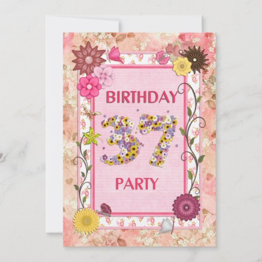 37e verjaardagsfeestje met bloemenfeest lijst kaart (Voorkant)