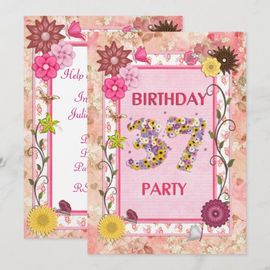 37e verjaardagsfeestje met bloemenfeest lijst kaart (Voorkant / Achterkant)