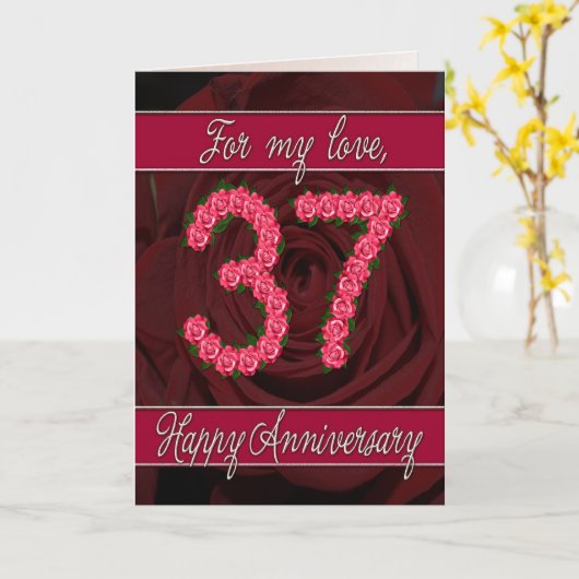 37ste verjaardagskaart met rozen en bladeren kaart (Gele Bloem)