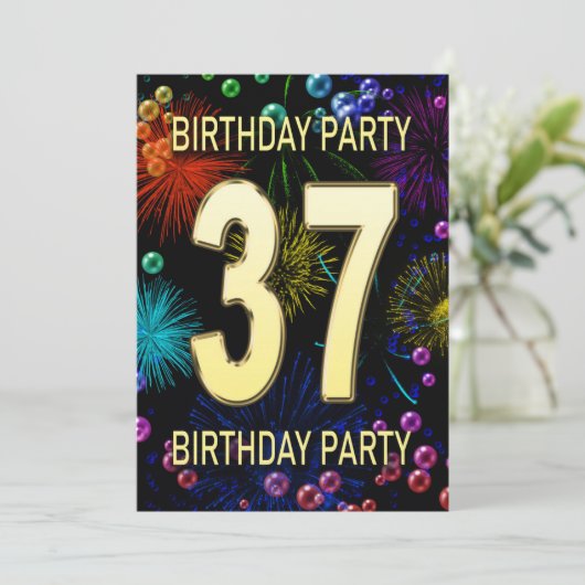 37th Birthday Party Invitation Fireworks Bubbles Kaart (Staand voorkant)
