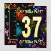 37th Birthday Party Invitation Fireworks Bubbles Kaart (Voorkant / Achterkant)