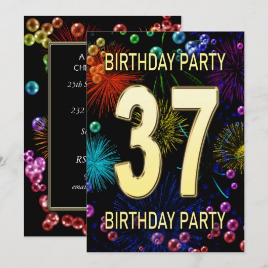 37th Birthday Party Invitation Fireworks Bubbles Kaart (Voorkant / Achterkant)
