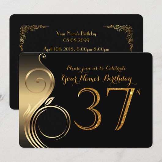 37th, Birthday Uitnodiging, Aantal Glitter Gold, F Kaart (Voorkant / Achterkant)